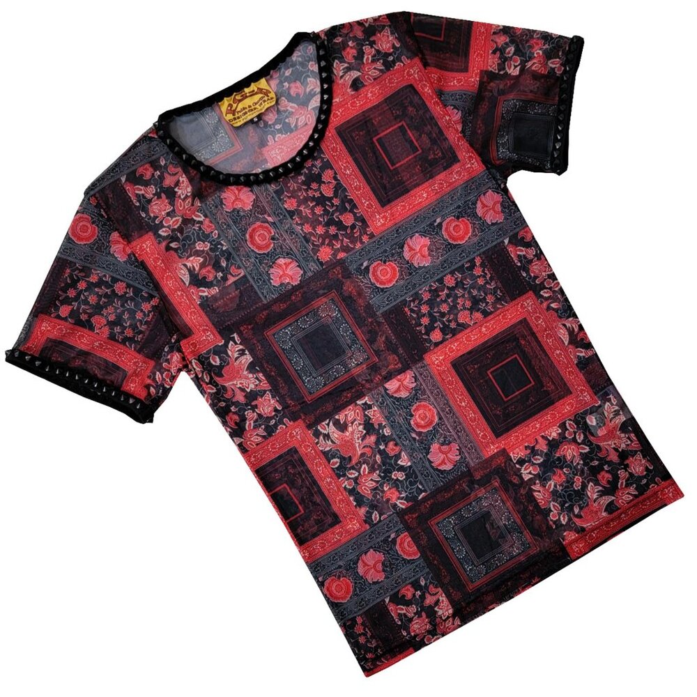 Floral Mesh Embellished Men's Red T-shirt